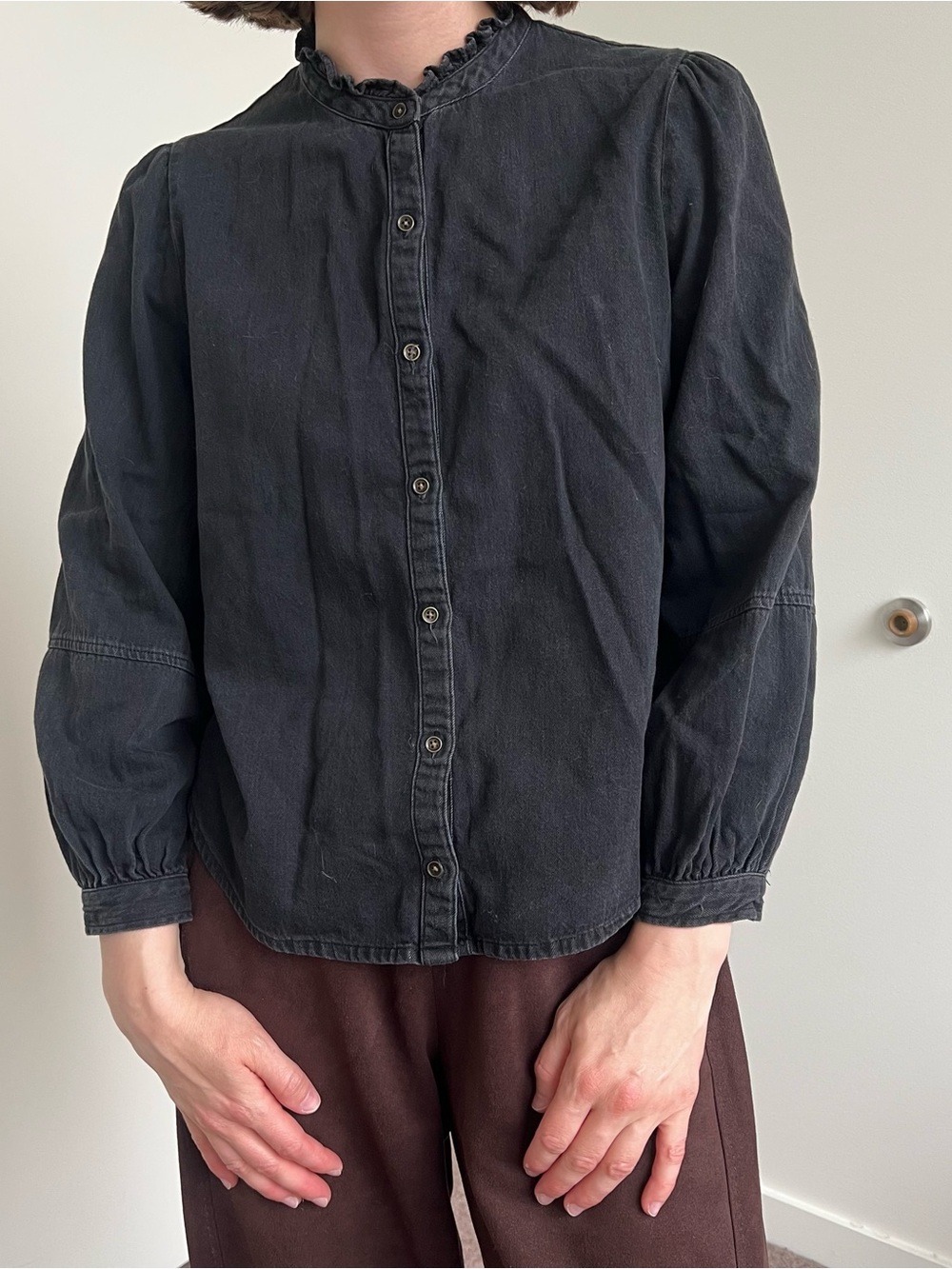 Old Navy black long sleeve ruffle neck shirt